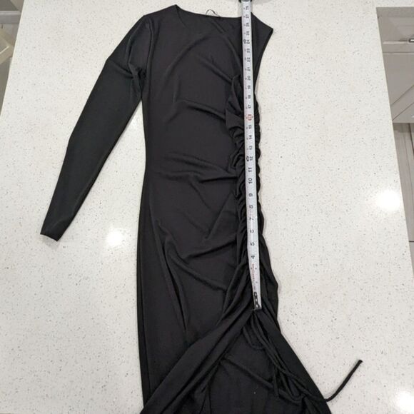 Zara Black One Shoulder Long Sleeve Bodycon Side Ruched Midi Dress Stretchy S - Picture 6 of 9